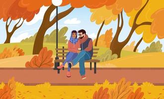 giovane coppia innamorata ragazzo e ragazza siedono su una panchina in un parco autunnale. data all'aperto tra gli alberi in autunno. illustrazione di cartone animato vettoriale