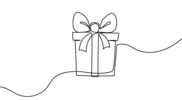 regalo scatola compleanno o Natale continuo uno linea vettore schema arte schizzo. celebrazione eventi presente arco nastro scatola minimo scarabocchio astratto semplice illustrazione. vacanza pacchetto semplice e elegante