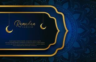 sfondo ramadan kareem con illustrazione vettoriale in stile lusso color oro e blu per le celebrazioni del mese sacro islamico decorate con luna e mandala arabesco