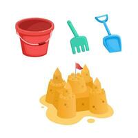 sabbia castello, secchio e scopo. spiaggia o sandbox giocattolo collezione impostato cartone animato illustrazione vettore