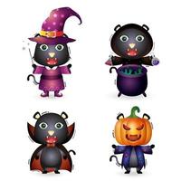 simpatico gatto nero con la collezione di personaggi di halloween in costume vettore