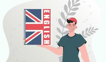 il concetto di apprendimento inglese. un' uomo detiene un inglese dizionario nel il suo mani. di moda stile. vettore illustrazione.