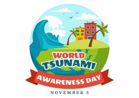 mondo tsunami consapevolezza giorno vettore illustrazione su 5 novembre con onde colpire case e edificio paesaggio nel piatto cartone animato sfondo modelli