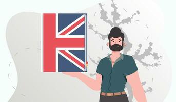 il concetto di apprendimento inglese. un' uomo detiene un inglese dizionario nel il suo mani. piatto moderno stile. vettore illustrazione.