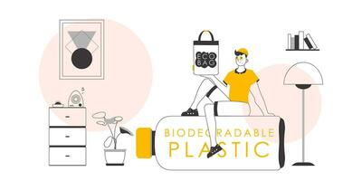 il concetto di ecologico borse e plastica. il tipo è Tenere un eco pacchetto nel il suo mani. lineare di moda stile. vettore