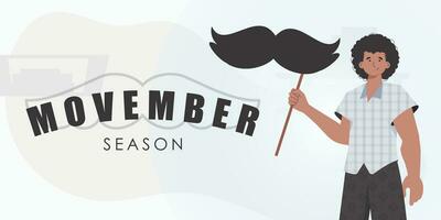 Movember manifesto. un' uomo detiene un' baffi su un' bastone. cartone animato stile. vettore illustrazione.