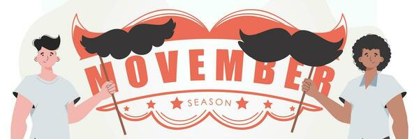 Movember striscione. un' uomo detiene un' baffi su un' bastone. di moda stile. vettore illustrazione.