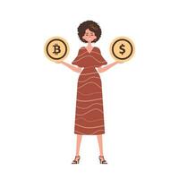 il ragazza è Tenere un' bitcoin e un' dollaro nel il modulo di monete. personaggio con un' moderno stile. vettore