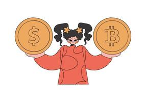 un' donna detiene un' dollaro e un' bitcoin nel sua mani. personaggio di moda stile. vettore