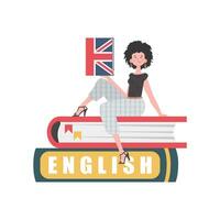un' donna si siede su libri e detiene un inglese dizionario nel sua mani. il concetto di insegnamento inglese. isolato. di moda stile. vettore illustrazione.
