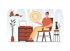 il concetto di estrazione e estrazione di bitcoin. il tipo si siede nel un' sedia e detiene un' bitcoin nel il suo mani. personaggio con un' moderno stile. vettore