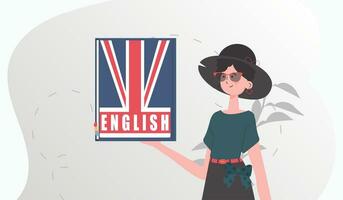 il concetto di apprendimento inglese. un' donna detiene un inglese dizionario nel sua mani. di moda cartone animato stile. vettore. vettore