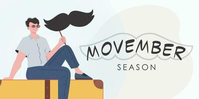 Movember manifesto. un' uomo detiene un' baffi su un' bastone. di moda cartone animato stile. vettore. vettore