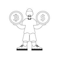 un' unico uomo detiene un' moneta di bitcoin e dollaro nel il suo mani. lineare giornale nero e bianca stile. vettore