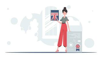 il concetto di insegnamento inglese. un' donna detiene un inglese dizionario e un' certificato nel sua mani. di moda stile. vettore illustrazione.