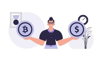 il concetto di estrazione e estrazione di bitcoin. un' uomo detiene un' bitcoin e un' dollaro nel il modulo di monete nel il suo mani. personaggio nel moderno di moda stile. vettore