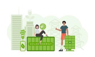 donna e uomo e solare pannelli. verde energia concetto. vettore illustrazione.