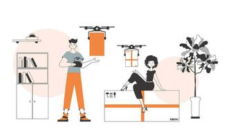 un' uomo e un' donna, il squadra consegna il pacchetto di drone. il concetto di carico consegna di aria. lineare stile. vettore