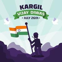 kargil vijay diwas con il soldato che tiene la bandiera dell'india vettore