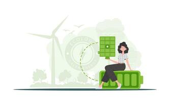 verde energia concetto. un' donna si siede su un' batteria e detiene un' solare pannello nel sua mani. vettore. di moda stile. vettore