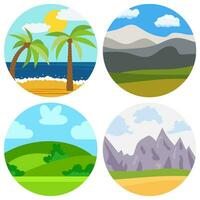 impostato di quattro naturale cartone animato paesaggi a soleggiato giorno nel cerchio. vettore illustrazione.