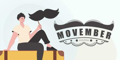 Movember manifesto. un' uomo detiene un' baffi su un' bastone. cartone animato stile. vettore. vettore