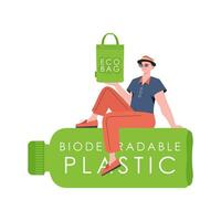 un' uomo si siede su un' bottiglia fatto di biodegradabile plastica e detiene un eco Borsa nel il suo mani. il concetto di ecologia e cura per il ambiente. isolato. moda tendenza illustrazione nel vettore. vettore