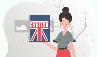 il concetto di apprendimento inglese. un' donna detiene un inglese dizionario nel sua mani. piatto moderno stile. vettore. vettore