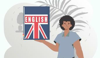 il concetto di insegnamento inglese. un' uomo detiene un inglese dizionario nel il suo mani. di moda stile. vettore illustrazione.