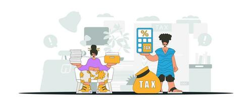 alla moda tipo e ragazza siamo impegnato nel pagare le tasse. un illustrazione dimostrando il corretta pagamento di le tasse. vettore