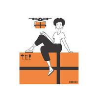 il ragazza invia un' pacco con un' drone. aria consegna concetto. lineare moderno stile. isolato su bianca sfondo. vettore illustrazione.