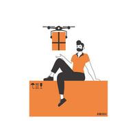 un' uomo invia un' pacchetto con un' drone. fuco consegna concetto. lineare moderno stile. isolato su bianca sfondo. vettore illustrazione.