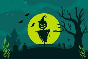Halloween pieno Luna notte sfondo con il spaventapasseri zucca, buio castello, lapide, e pipistrelli. vettore illustrazione.