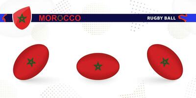 Rugby palla impostato con il bandiera di Marocco nel vario angoli su astratto sfondo. vettore