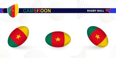Rugby palla impostato con il bandiera di camerun nel vario angoli su astratto sfondo. vettore