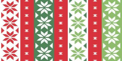 motivo Natale etnico fatto a mano bellissimo ikat arte. Natale sfondo. popolare ricamo Natale modello, geometrico arte ornamento Stampa. rosso, verde, bianca colori. fiocco di neve, stella, poinsettia design. vettore