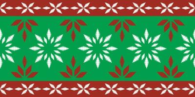 motivo Natale etnico fatto a mano bellissimo ikat arte. Natale sfondo. popolare ricamo Natale modello, geometrico arte ornamento Stampa. rosso, verde, bianca colori. fiocco di neve, stella, poinsettia design. vettore