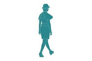illustrazione vettoriale di donna casual che cammina guarda da dietro, stile piatto con contorno
