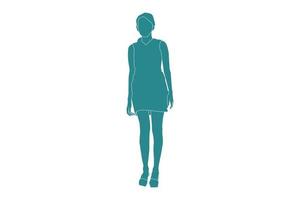 illustrazione vettoriale di donna elegante che cammina sulla strada laterale, stile piatto con contorno