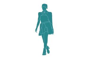 illustrazione vettoriale di donna alla moda che cammina sulla strada laterale, stile piatto con contorno