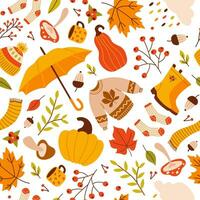 colorato autunno senza soluzione di continuità modello di di stagione elementi, foglie, zucche, frutti di bosco, funghi, ghiande e Altro. di moda vettore cartone animato illustrazione