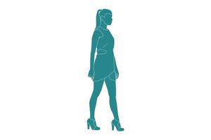 illustrazione vettoriale di donna elegante che cammina, stile piatto con contorno