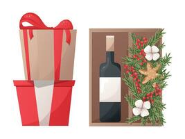 regalo scatole e vino con Natale albero rami e frutti di bosco vettore