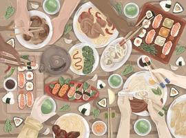 asiatico, cibo orientale, pranzo giapponese, set di piatti cinesi vettore