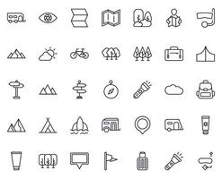 viaggio icona impostare. collezione di all'aperto attività cartello per ragnatela disegno, ui disegno, mobile app, eccetera. rilassare schema icona. campeggio nero pittogramma su bianca sfondo. vettore