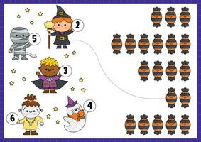 Halloween accoppiamento gioco con trucco o trattare dolci e carino kawaii bambini. autunno matematica attività per prescolastico bambini. educativo stampabile conteggio foglio di lavoro con carino cartone animato personaggi vettore