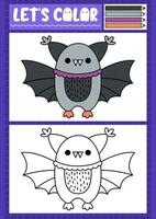 Halloween colorazione pagina per bambini con carino kawaii pipistrello. vettore autunno vacanza schema illustrazione. colore libro per bambini con colorato esempio. disegno abilità stampabile foglio di lavoro