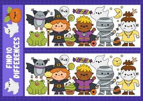 Halloween trova differenze gioco per bambini. Attenzione abilità attività con carino strega, vampiro, mummia, pipistrello, rana. puzzle per bambini con divertente personaggi. stampabile che cosa è diverso foglio di lavoro vettore