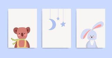 una serie di poster per la scuola materna con un orso, un coniglio, la luna e le stelle. illustrazione vettoriale
