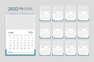 Modello di calendario da parete 2022, calendario pianificatore annuale business planner, orario, calendario eventi, calendario da tavolo vettore